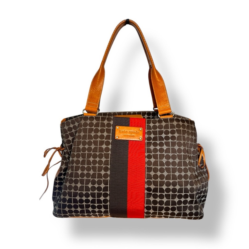 Kate Spade Brown Patterned Tote with Red Stripe